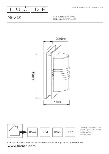 Lucide PRIVAS - Wandleuchte Innen/Außen - 1xE27 - IP44 - Weiß - TECHNISCH